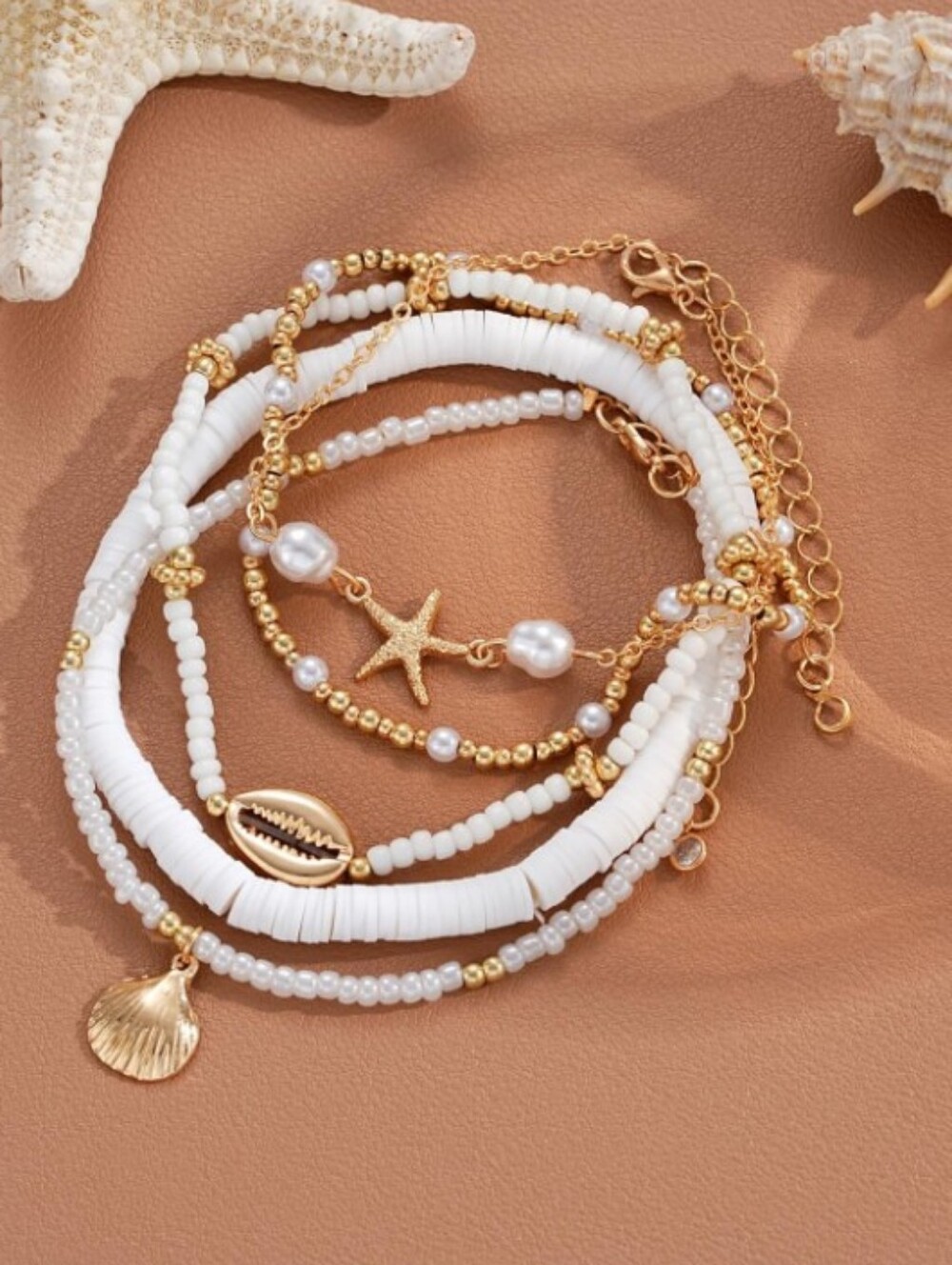 New 5 Pc Gold Seashell & Pearl Anklet Set White Coastal Disc Beaded Bracelet